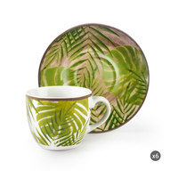 Ensemble de 6 tasses à expresso rondes en porcelaine durable avec soucoupes 9 cl (3 fl oz) – Motif botanique tropical Décalcomanie Foliage Excelsa