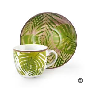 Durable Porcelain Set 6pcs Round Espresso Coffee Cups w/ Saucers 9 cl (3 oz) Decal Tropical Botanical Design Foliage by Excelsa - Product Image 1