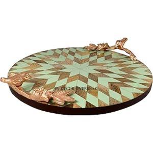 Plateau de service de forme ronde en bois d'acacia de la meilleure qualité avec des feuilles en métal poli brillant argenté - Product Image 5