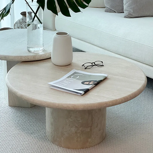 Muebles para el hogar minimalistas modernos, mesa de centro redonda nórdica, sala de estar creativa, mesa de centro de travertino de piedra beige de mármol - Product Image 4