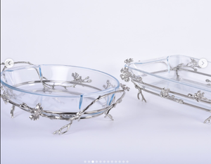 Plats à noix florales en verre et en métal Séparateurs pour plats à biscuits et gâteaux et bols à fruits Plateaux de service Bols Plateaux Supports à étages - Product Image 2