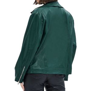 Veste d'automne pour femmes en cuir véritable 100% de couleur verte élégante avec deux poches zippées et doublure en fausse fourrure, vente en gros - Product Image 4