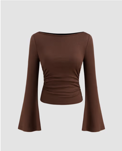 Nueva llegada verano venta al por mayor mezcla de algodón cuello barco sólido fruncido manga larga Camiseta mujer camiseta - Product Image 3