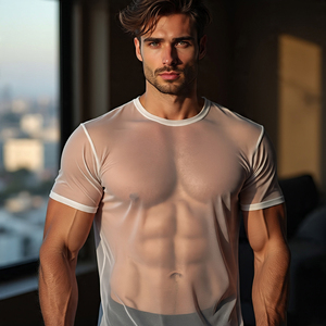 T-shirts en maille transparente OEM pour hommes T-shirts de nuit sexy transparents col en V pour hommes T-shirts à manches courtes pour hommes - Product Image 2