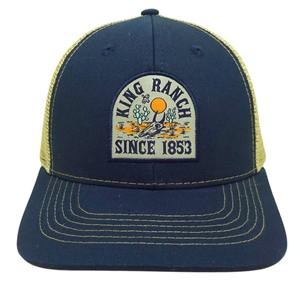 หมวกทรูเกอร์ออกแบบได้เอง6แผงผ้าปักลายสีน้ำเงินเข้มเหลืองตาข่ายพิมพ์เทปมีตะเข็บเส้นเดียวกระดุมพลาสติกสำหรับทุกเพศ - Product Image 1