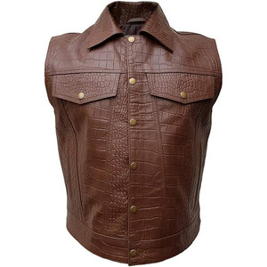 Chaqueta y chaleco de cuero genuino marrón para hombre y mujer, chaquetas de cuero con textura de cocodrilo para hombre, chaleco de motociclista con cierre de botones a presión - Product Image 1