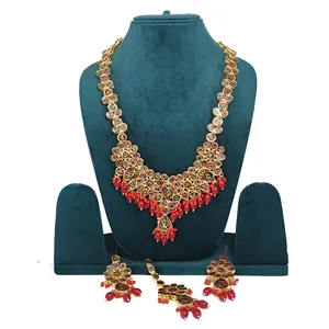 สร้อยคอยาว kundan หรูหราพร้อมลูกปัดสีแดงชุบทองทองแดงและเพทายสำหรับงานแต่งงานหรือของขวัญเจ้าสาวเครื่องประดับที่ดี - Product Image 2