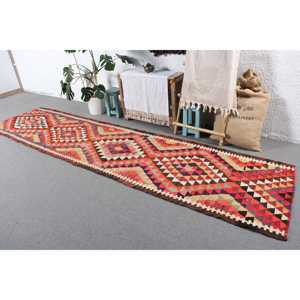 Turkish Vintage <b>Runner</b> Rug 3.1x12.3 ft, <b>Red</b> Brown Floral Wool Rug - Product Image 2