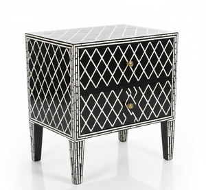 Table de chevet de luxe en bois massif avec tiroir, style fantaisie, incrustation d'os, motif floral, fabrication artisanale de qualité supérieure - Product Image 1