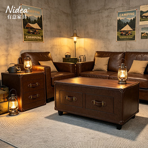 Juego de Muebles de Cuero Marrón Vintage, Hecho a Mano, Duradero, Minimalista, Mesa de Centro y Mesa Auxiliar de 2 Cajones - Product Image 1