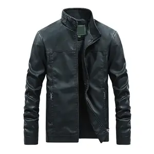 Grosir jaket kulit ukuran Plus penggunaan luar ruangan jaket kulit kerah berdiri jaket kulit pria