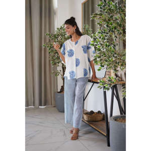 Hand Block Printed Floral Poplin <b>Top</b> for Women Loose Fit Office Wear with Lace Trim <b>One</b> Size - Product Image 1