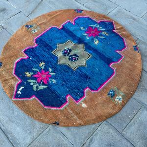 Alfombra Turca Vintage de 4.5x4.5 pies, Alfombra Decorativa, Alfombra de Lana Sólida Azul Marrón - Product Image 3