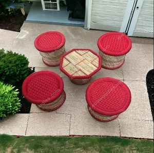 Ensemble de tabourets pouf en osier rotin de canne en bambou mobile de qualité supérieure avec table salon café utilisation intérieure et extérieure restaurants - Product Image 4