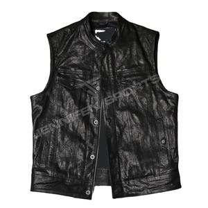 Gilet en cuir pour moto, hiver, respirant, en cuir de vache véritable, poches latérales sur la poitrine, fermeture à glissière et boutons, coton - Product Image 1