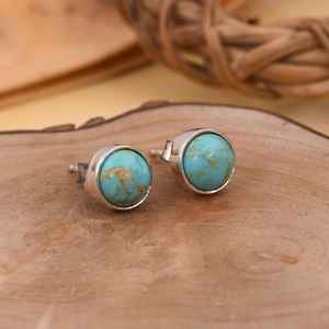 Kingman Turquoise Beaded Sterling Silver Stud Earrings with Bezel Setting Luxury Boho Jewelry for Party & Gift - Product Image 1