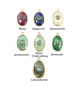 Pierre de lune arc-en-ciel avec Labradorite, Double pierre précieuse 14x10mm, ensemble de lunette ovale en Vermeil doré, pendentif en pierre précieuse - Product Image 6