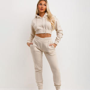 Chándal de 2 piezas de avena de primera calidad para mujer con cremallera frontal recortada Sudadera con capucha y pantalones de chándal Conjunto de 2 piezas para mujer - Product Image 1