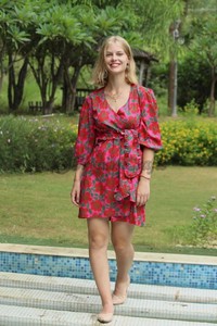 แบบดั้งเดิมที่กําหนดเองฤดูร้อนสุภาพสตรีบล็อกพิมพ์ชุดผู้หญิงยาวFrock PuffiแขนหญิงลึกVคอชุดเข็มขัดชายหาด - Product Image 5