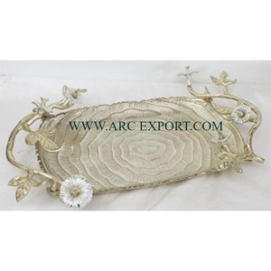 Nouveau dernier modèle plateau forme bol fantaisie Design moderne en aluminium plateau et plateaux de service avec poignées de fleurs design ustensiles de cuisine - Product Image 1