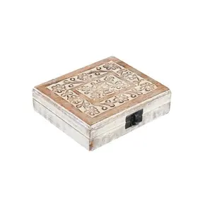 Decorative Wooden Treasure Box Storage Chest For Jewelry White Wooden Keepsake Trinket Box With Hinged Lid And Carved Floral