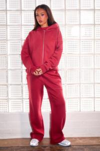 Chándal Largo con Capucha y Cremallera, Color Rojo Oscuro, para Mujer, en Nailon/Algodón, con Logotipo Bordado en Relieve - Product Image 3