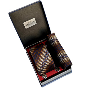 Brown <b>Navy</b> Beige Ethnic Patterned Tie Pocket Square Cufflink Set with Custom Logo All in PU Leather Gift Box Made Silk Polyester - Product Image 2