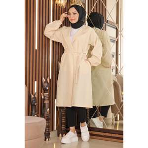 Manteau trench pour femme à col large et ceinture, style vintage, imprimé fourrure de renard, saison hiver automne, en laine tricotée personnalisée et coton. - Product Image 1