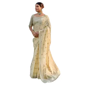 Nuevo Sari de seda de lino puro con patrón de tejido de flores completo y pequeños Zari bindis con borde tejido Zari de exportador indio
