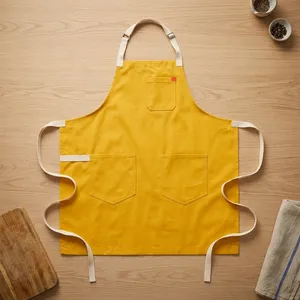 Yellow Sleeveless Bib <b>Apron</b> with 3 Pockets Canvas Woven Machine Washable for Cooking Daily Use Simple Style - Product Image 1