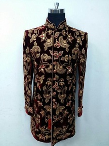 Traje de boda para hombre 2024 elegante granate Sherwani bordado pesado pantalón estilizado cuentas de cristal Dabka trabajo conjunto de talla grande - Product Image 2