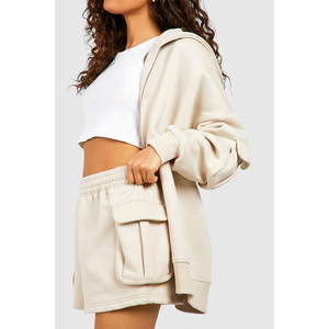 Custom Latest Stone 2 Piece <b>Women's</b> <b>Cargo</b> Pocket Zip Through <b>Shorts</b> Tracksuit Set Hoodie & <b>Short</b> <b>Women</b> Tracksuit Set 2 Piece Set - Product Image 4