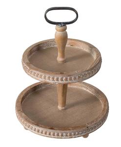 Support à Dessert Vintage en Bois à 2 Niveaux avec Poignée Métallique, Bordure Perlée Élégante, Présentoir Robuste pour Gâteaux, Biscuits, Collations, Décoration Intérieure - Product Image 1