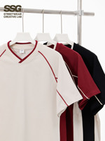 T-shirt en coton lourd 260 g/m² pour homme, col en V, rayures contrastées, coupe ample, style vintage, streetwear décontracté