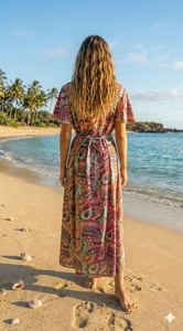 Vestido Maxi Coreano Paisley Y2K Bohemio Natural de Seda Tejida con Manga Acampanada, Corte A, Antiarrugas, Casual, para Uso Diario, Primavera Otoño, Dulce - Product Image 3