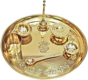 Recién llegado, juego de Pooja de latón, placa de oro indio 3 Diya Puja, placa religiosa Pooja thali, decoración de templo, artículo dotado - Product Image 2