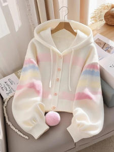 Best Selling 2025 New <b>Women's</b> High-End Hooded Knitted <b>Cardigan</b> Top <b>White</b> Block Lazy Style with Anti-Pilling Feature for Winter - Product Image 5