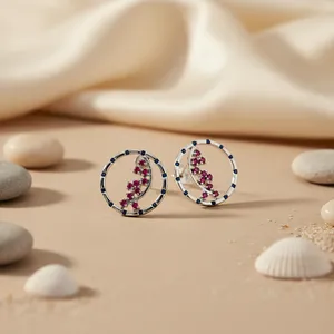 Boucles d'oreilles clous plaquées argent avec strass roses et accents bleus, motif floral, pour femme, bijoux de mariage tendance - Product Image 2