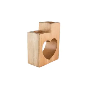 Candle Holder One Heart Style Set Teak Wood Natural Colours