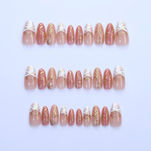 30 Pièces de Faux Ongles Amande Blancs Dorés à la Française, Modèle Fleur Rose Blush, Meilleures Ventes Quotidiennes, Vente en Gros. - Product Image 2