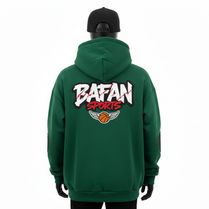 Sweat-shirt confortable de base avec impression graphique sur la poitrine, logo en patch, panneaux personnalisés, tissu polaire épais 350 GSM, couleur verte - Product Image 5