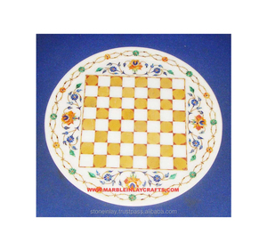 Plaque d'incrustation de marbre blanc de conception d'échecs ronde faite à la main de qualité supérieure avec une finition et une fabrication fines - Product Image 1