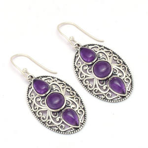 Boucles d'oreilles pendantes en forme de pierre précieuse d'améthyste ronde et de poire en argent sterling massif 925 - Product Image 1