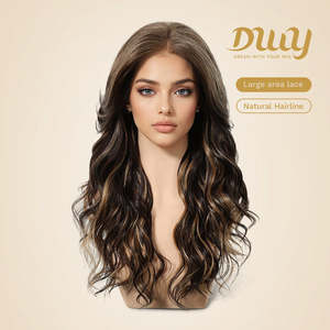 DWY 136 Free Part Glueless Synthetic Lace Front <b>Wig</b> Long-Length Curly for Ombre Brown with Transparent Lace Highlights New July - Product Image 1