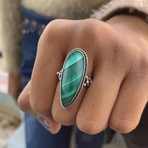925 argent Sterling fête porter des anneaux de mode pour les femmes malachite naturelle lisse forme ovale sculpté pierre précieuse anneau taux de vrac - Product Image 5