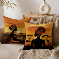 Housse de coussin décorative Paysage Africain en polyester doux, motif Coucher de soleil Safari et Carte d'Afrique, pour lit