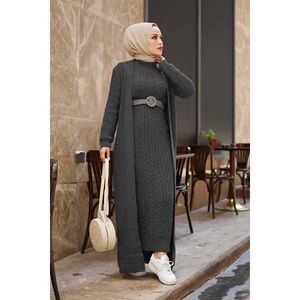 Conjunto de Cárdigan de Lana Antracita, Tejido, Corte Holgado, Estilo Casual Urbano con Decoración Plizada para Primavera, Otoño e Invierno - Product Image 1
