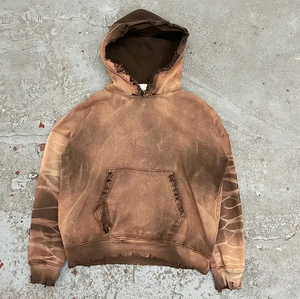 Custom Luxury Distressed Hoodies French Terry Acid Wash Heavyweight Boxy <b>Cropped</b> <b>Zip</b> <b>Up</b> Rhinestone Hoodies Men OEM - Product Image 4