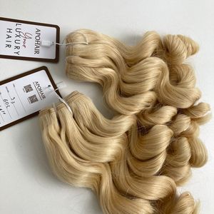 Vente en gros 26 pouces Remy Body Wavy Blonde Extensions de cheveux humains 100g Machine à coudre trame sans traitement chimique - Product Image 5