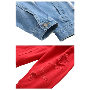 Chemise en jean pour homme à blocs de couleur, col montant, manches longues, décontractée, déchirée et vieillie, rouge et bleue, en sergé tissé, coupe droite - Product Image 4